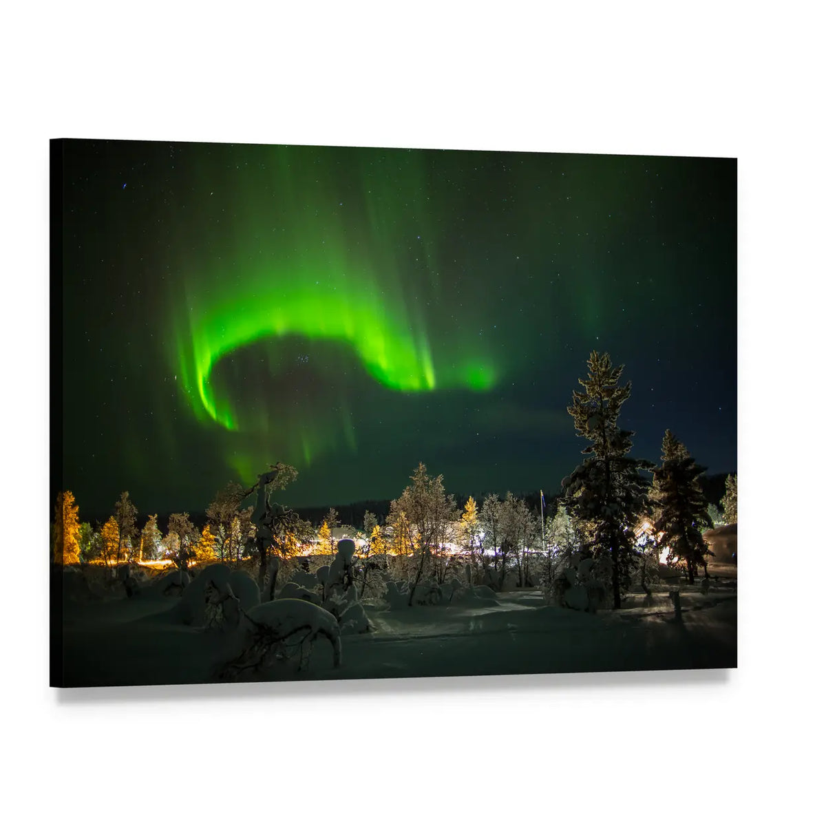 Aurora Borealis Over Snowy Forest Canvas Wall Art, single panel gallery wrapped canvas, angled product view