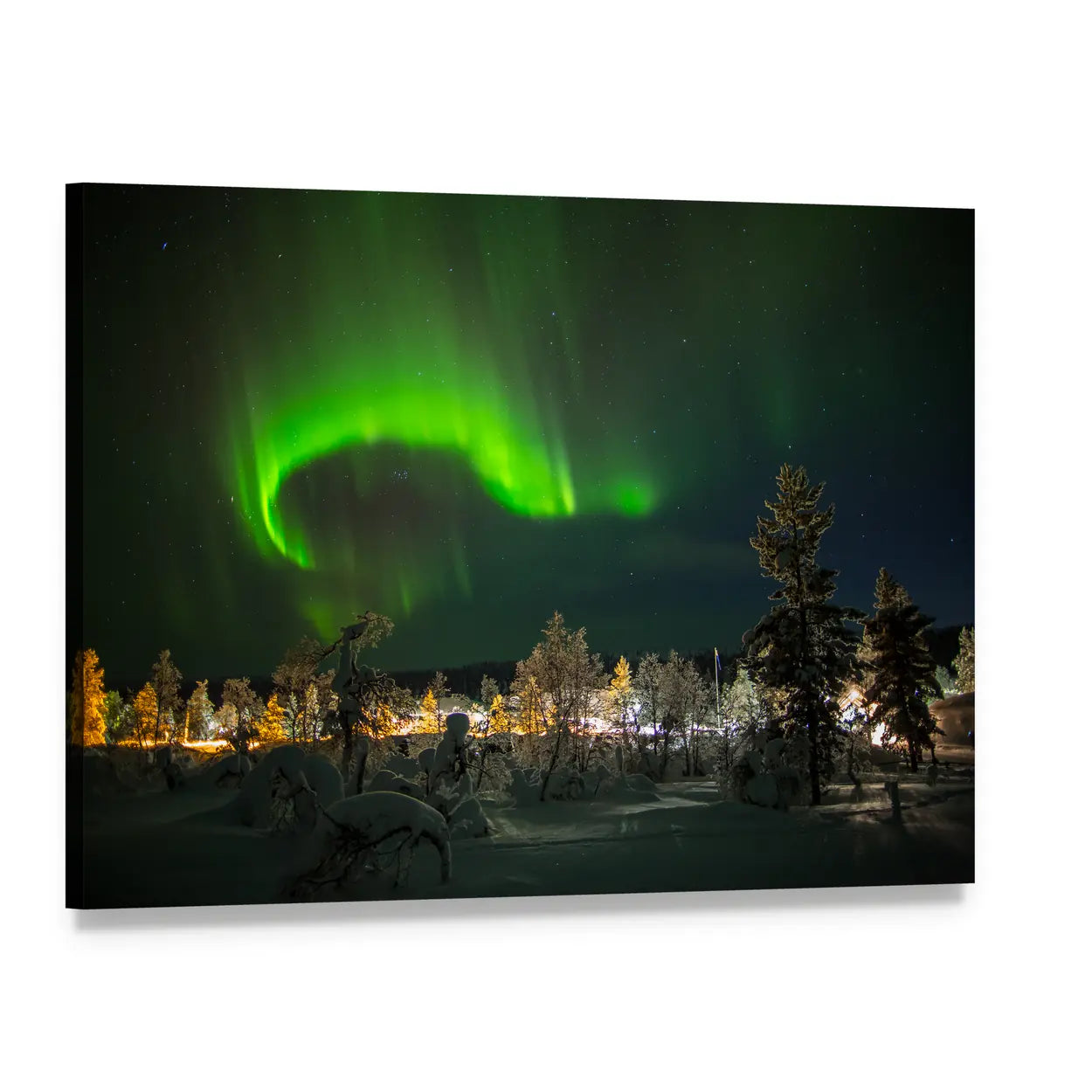 Aurora Borealis Over Snowy Forest Canvas Wall Art, single panel gallery wrapped canvas, angled product view