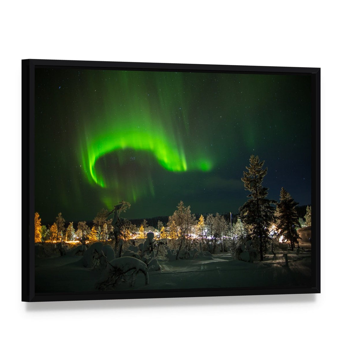 Aurora Borealis in Lapland Canvas Wall Art, framed canvas in a black floater frame, angled product view
