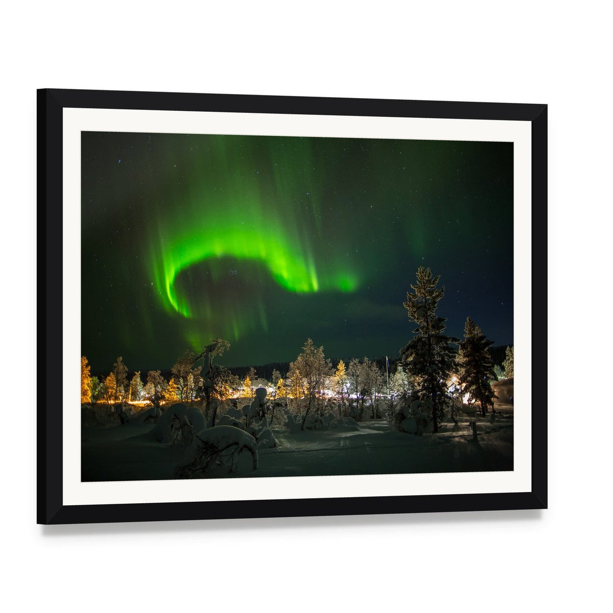 Aurora Borealis in Lapland Canvas Wall Art, framed print with white mat and black frame, angled product view