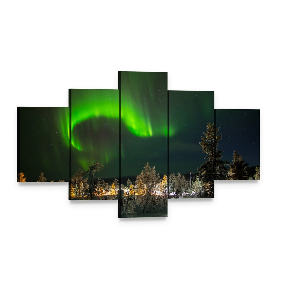 Aurora Borealis in Lapland Canvas Wall Art, 5 panel 5 Star layout gallery wrapped canvas set, angled product view