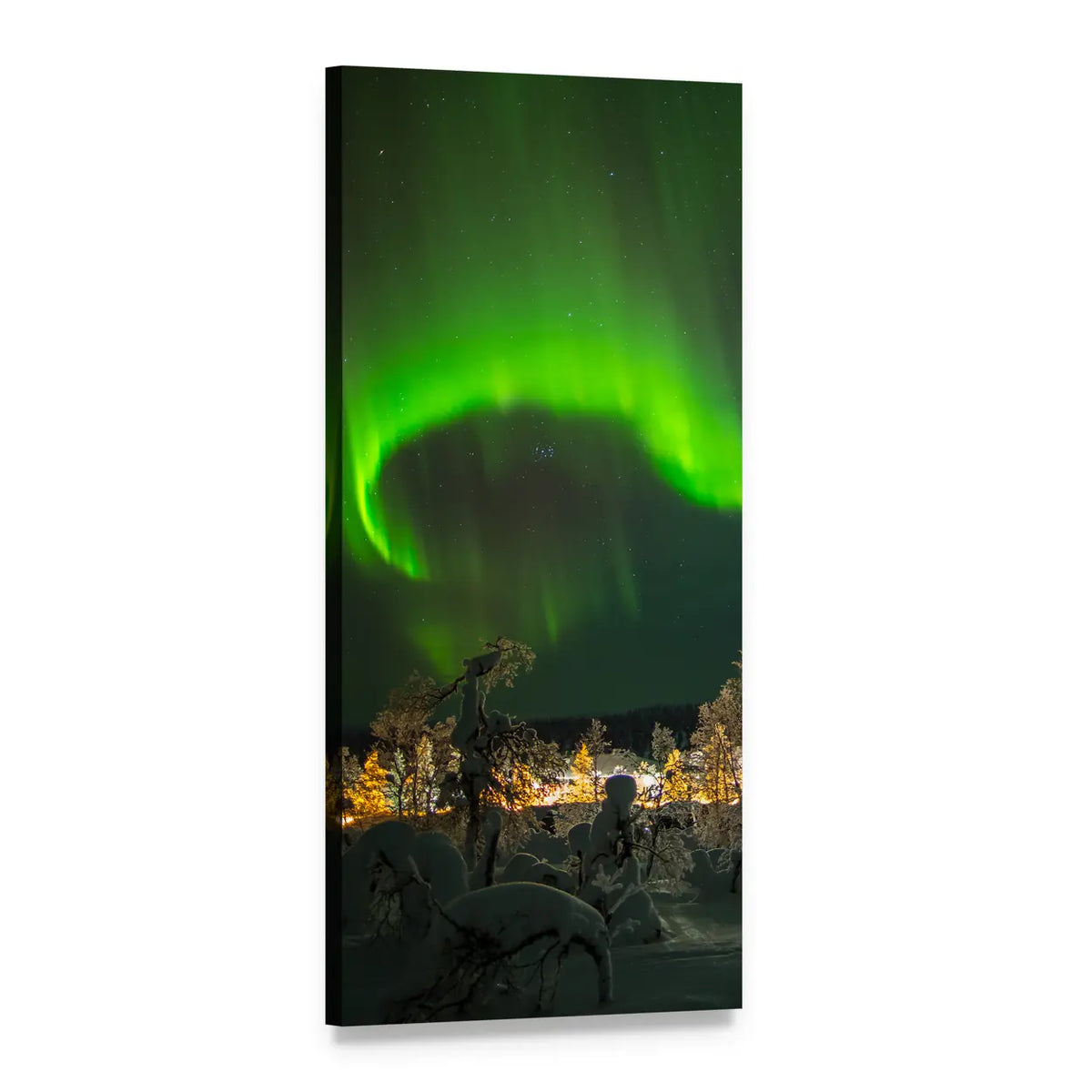 Aurora Borealis Over Snow-covered Trees Vertical Canvas Wall Art, 1 panel 1 Vertical layout gallery wrapped canvas set, angled product view