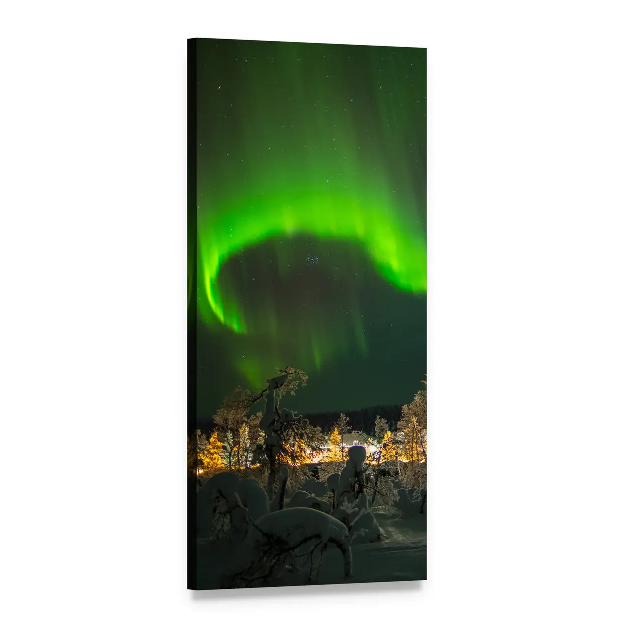Aurora Borealis Over Snow-covered Trees Vertical Canvas Wall Art, 1 panel 1 Vertical layout gallery wrapped canvas set, angled product view