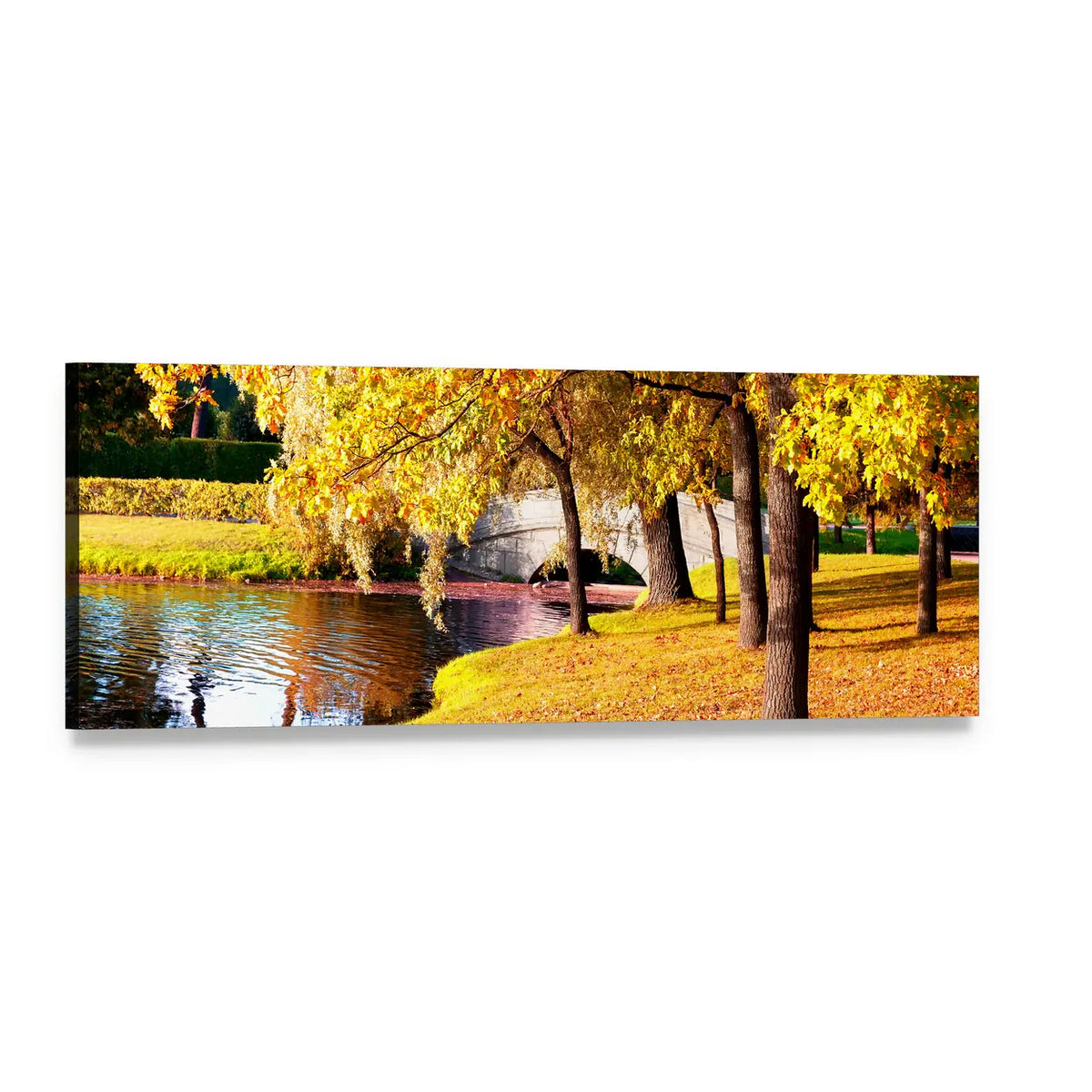 Autumn River with Stone Arch Bridge Panoramic Canvas Wall Art, single panel gallery wrapped canvas, angled product view