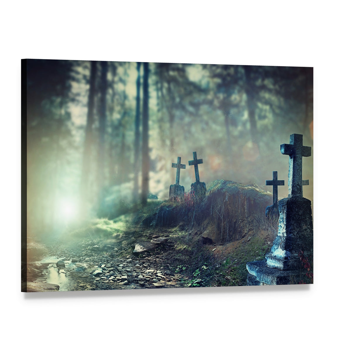 Foggy Graveyard with Stone Crosses Canvas Wall Art, single panel gallery wrapped canvas, angled product view