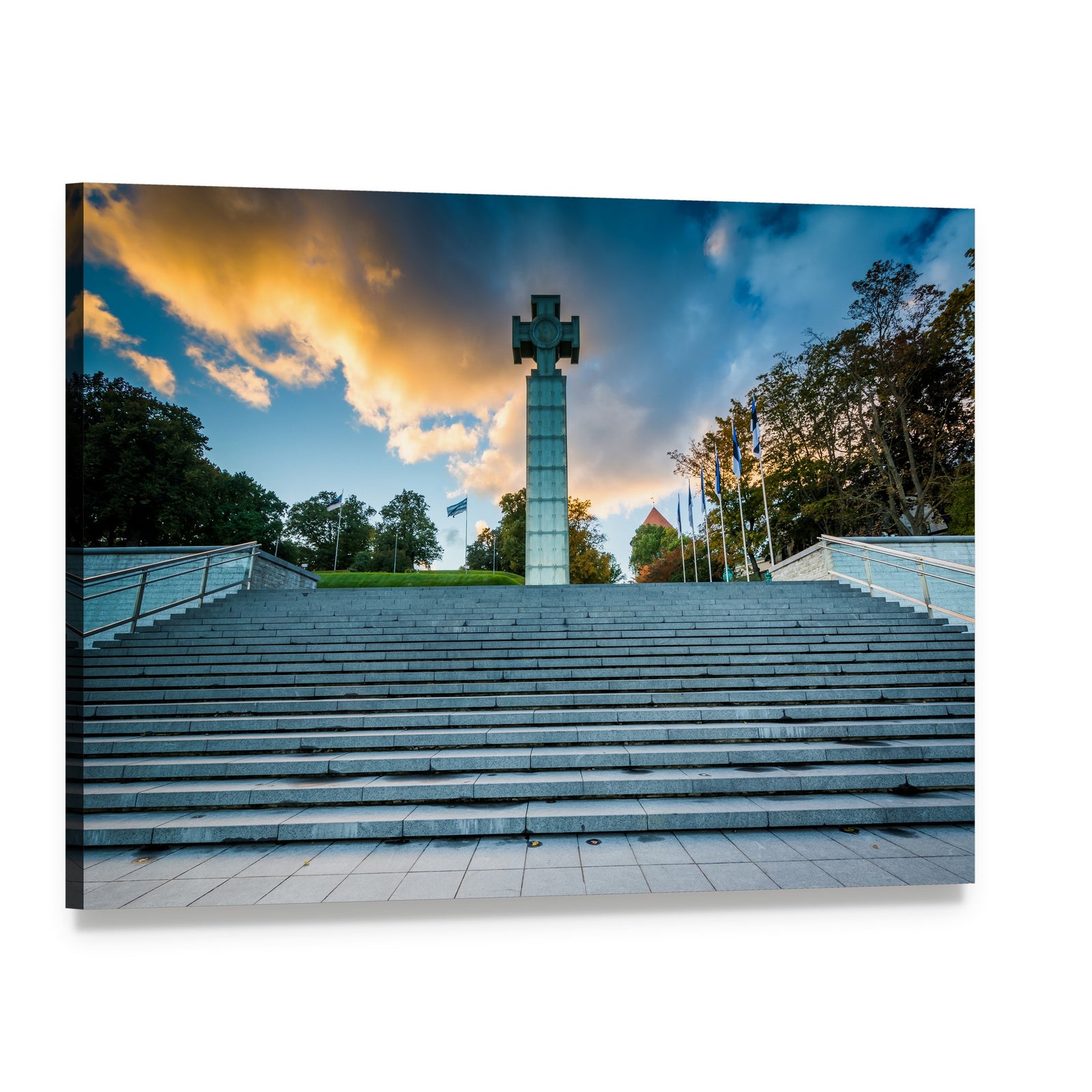 Freedom Square Cross Monument at Sunset Canvas Wall Art, single panel gallery wrapped canvas, angled product view