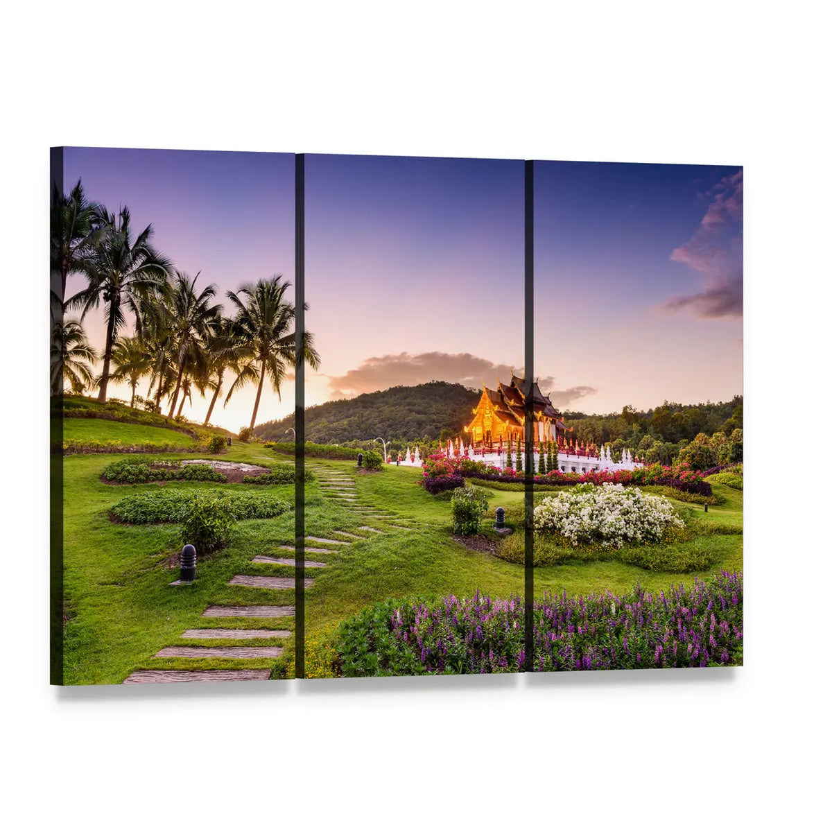 Royal Flora Ratchaphruek Park at Dusk Canvas Wall Art, 3 panel 3 Horizontal layout gallery wrapped canvas set, angled product view