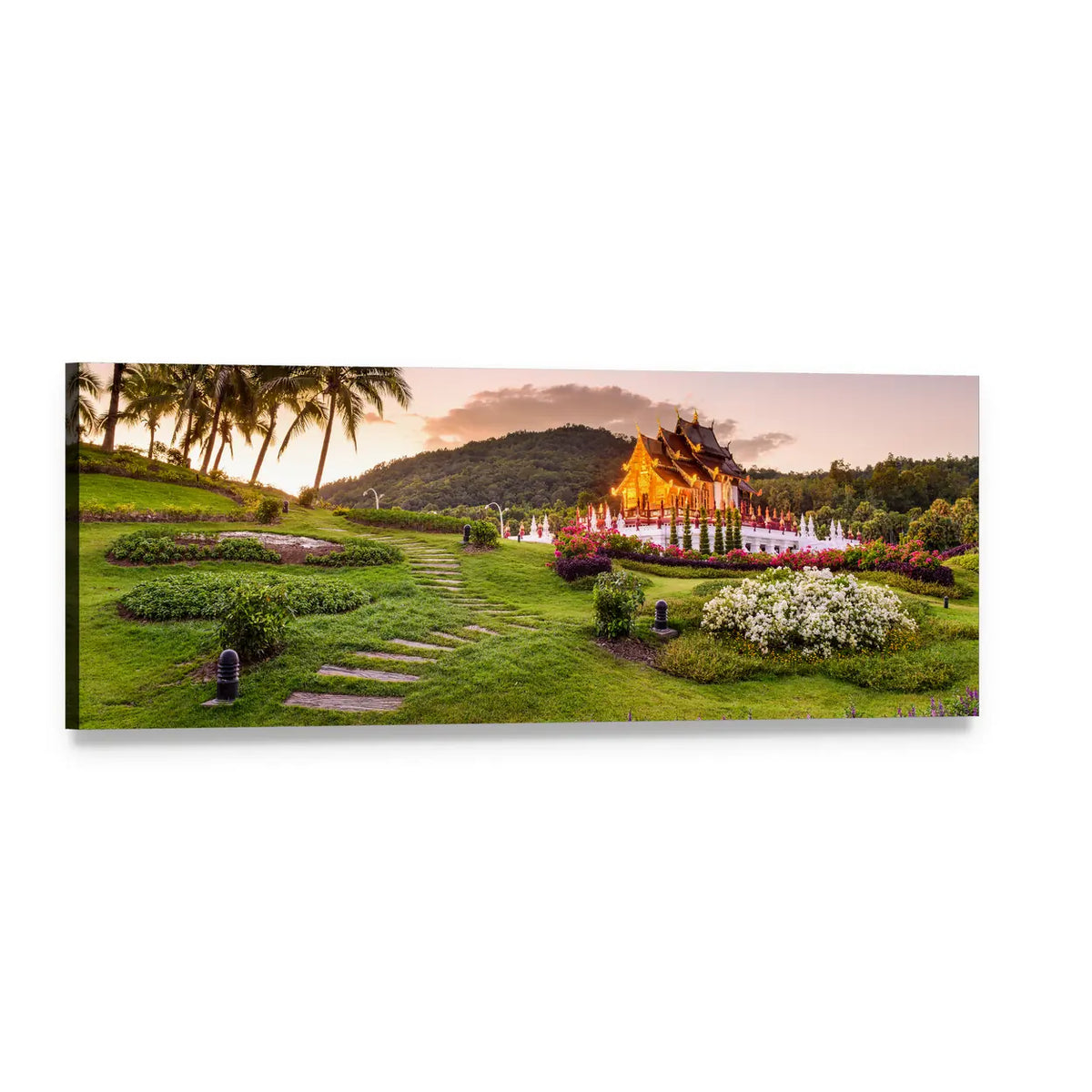 Royal Flora Ratchaphruek Park Sunset Garden Panoramic Canvas Wall Art, single panel gallery wrapped canvas, angled product view