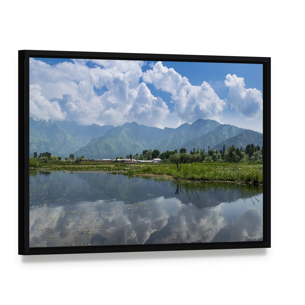 Dal Lake Reflections with Mountains Canvas Wall Art, framed canvas in a black floater frame, angled product view