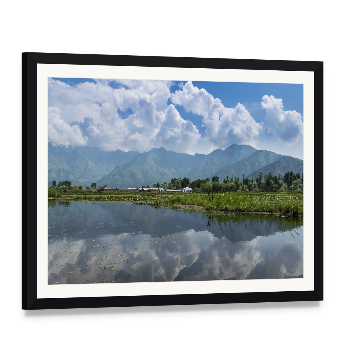Dal Lake Reflections with Mountains Canvas Wall Art, framed print with white mat and black frame, angled product view