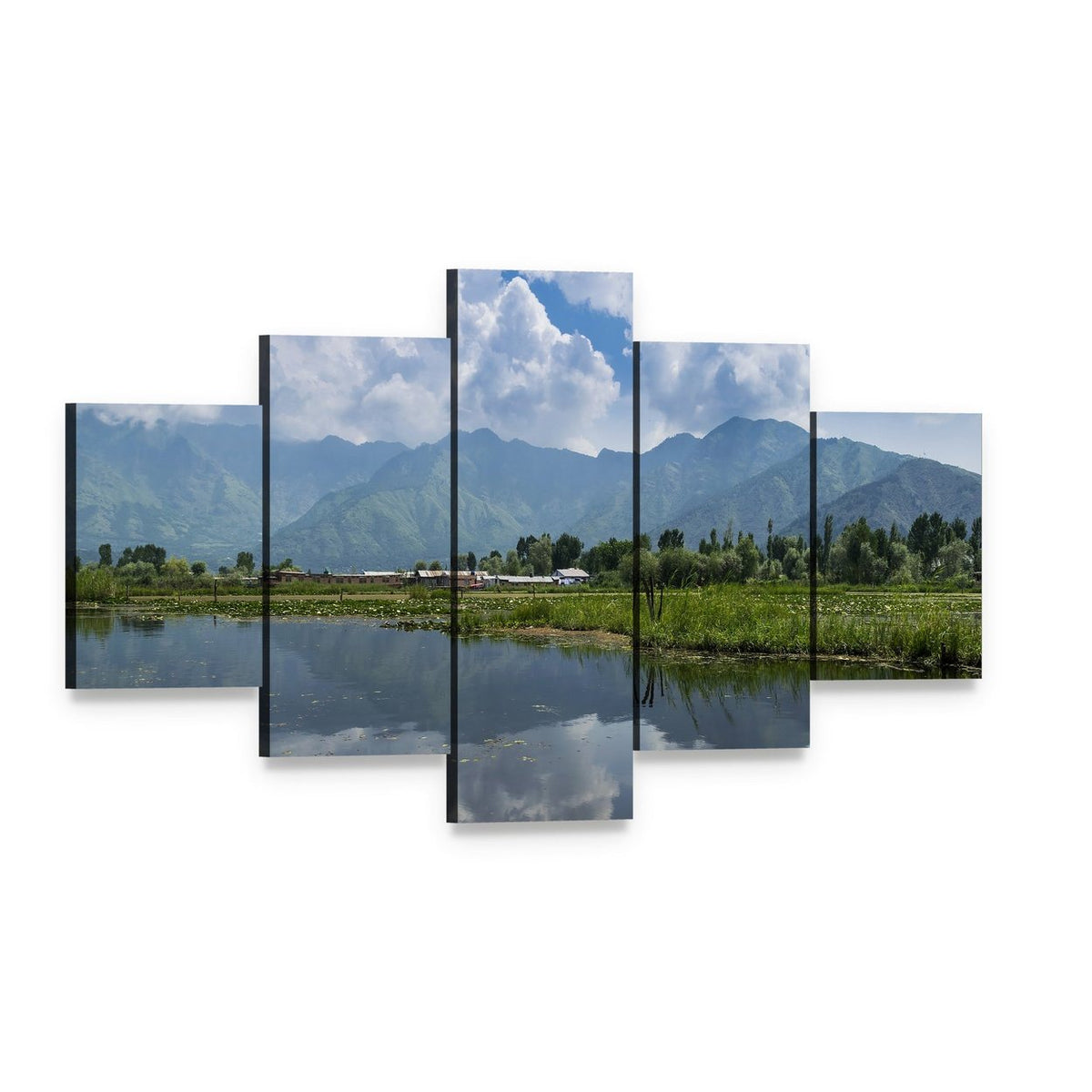 Dal Lake Reflections with Mountains Canvas Wall Art, 5 panel 5 Star layout gallery wrapped canvas set, angled product view