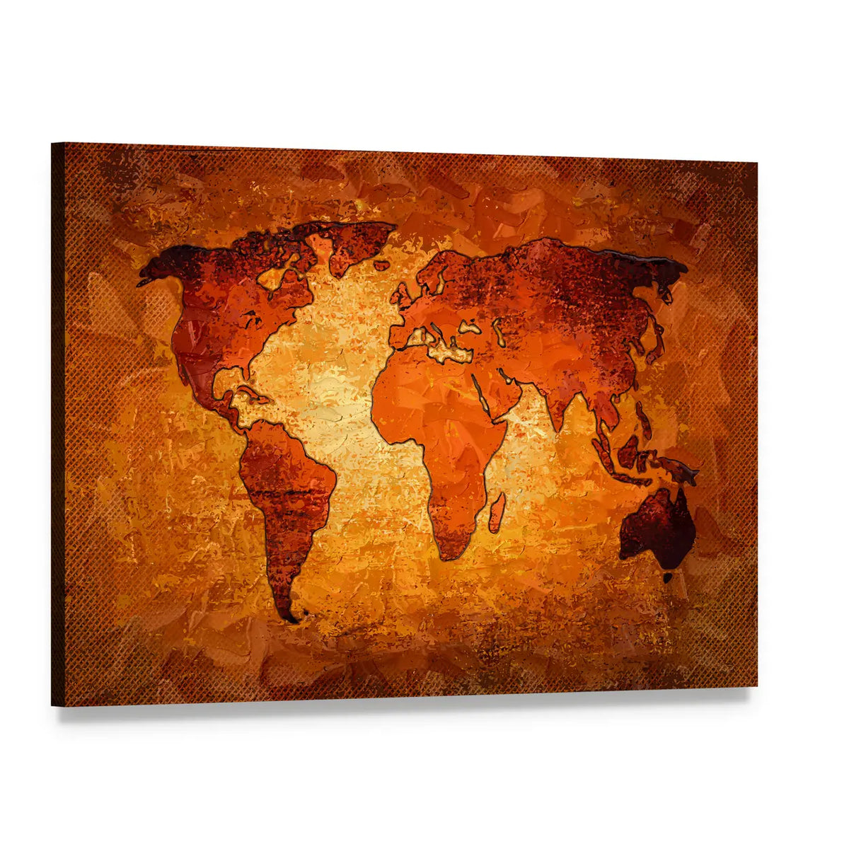 Amber World Map with Textured Brushstrokes Canvas Wall Art, single panel gallery wrapped canvas, angled product view