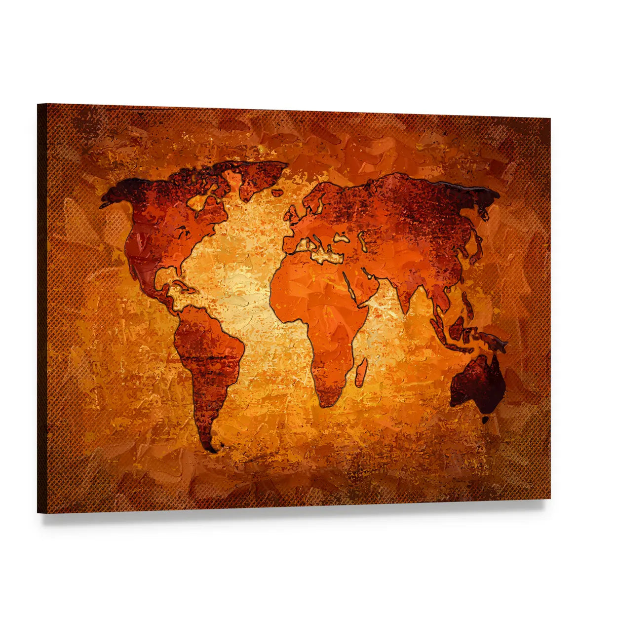 Amber World Map with Textured Brushstrokes Canvas Wall Art, single panel gallery wrapped canvas, angled product view