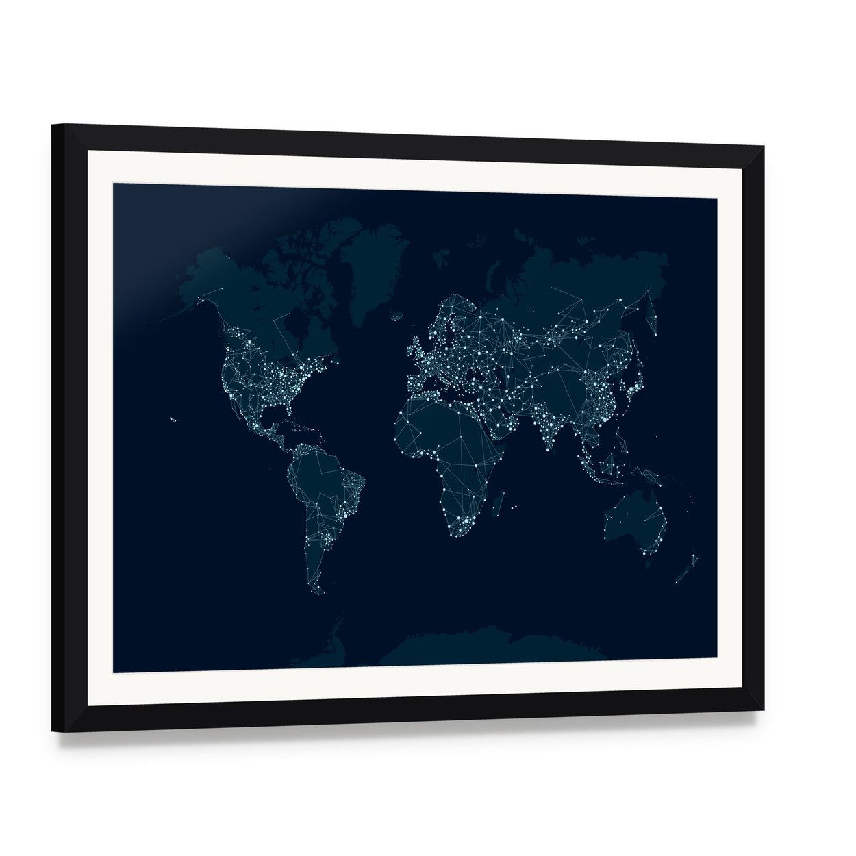 Communications Network Map Canvas Wall Art, framed print with white mat and black frame, angled product view