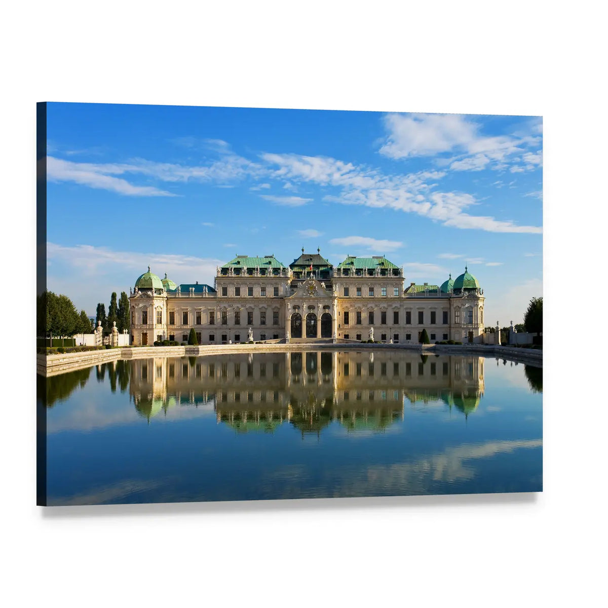 Belvedere Palace with Reflective Pool Canvas Wall Art, single panel gallery wrapped canvas, angled product view