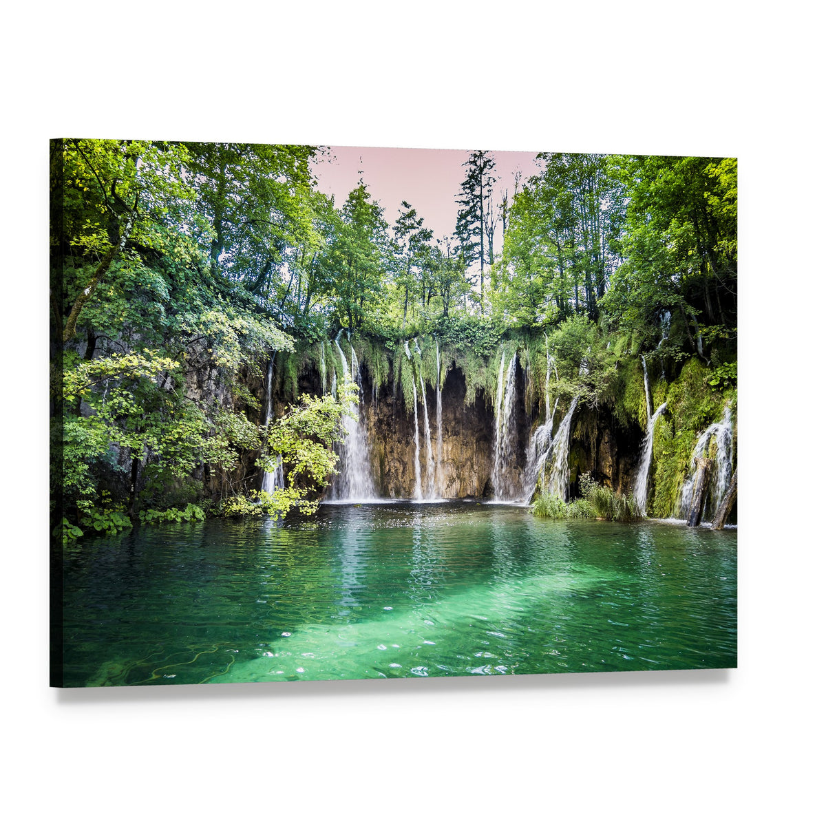 Cascading Waterfalls at Plitvice Lakes Canvas Wall Art, single panel gallery wrapped canvas, angled product view