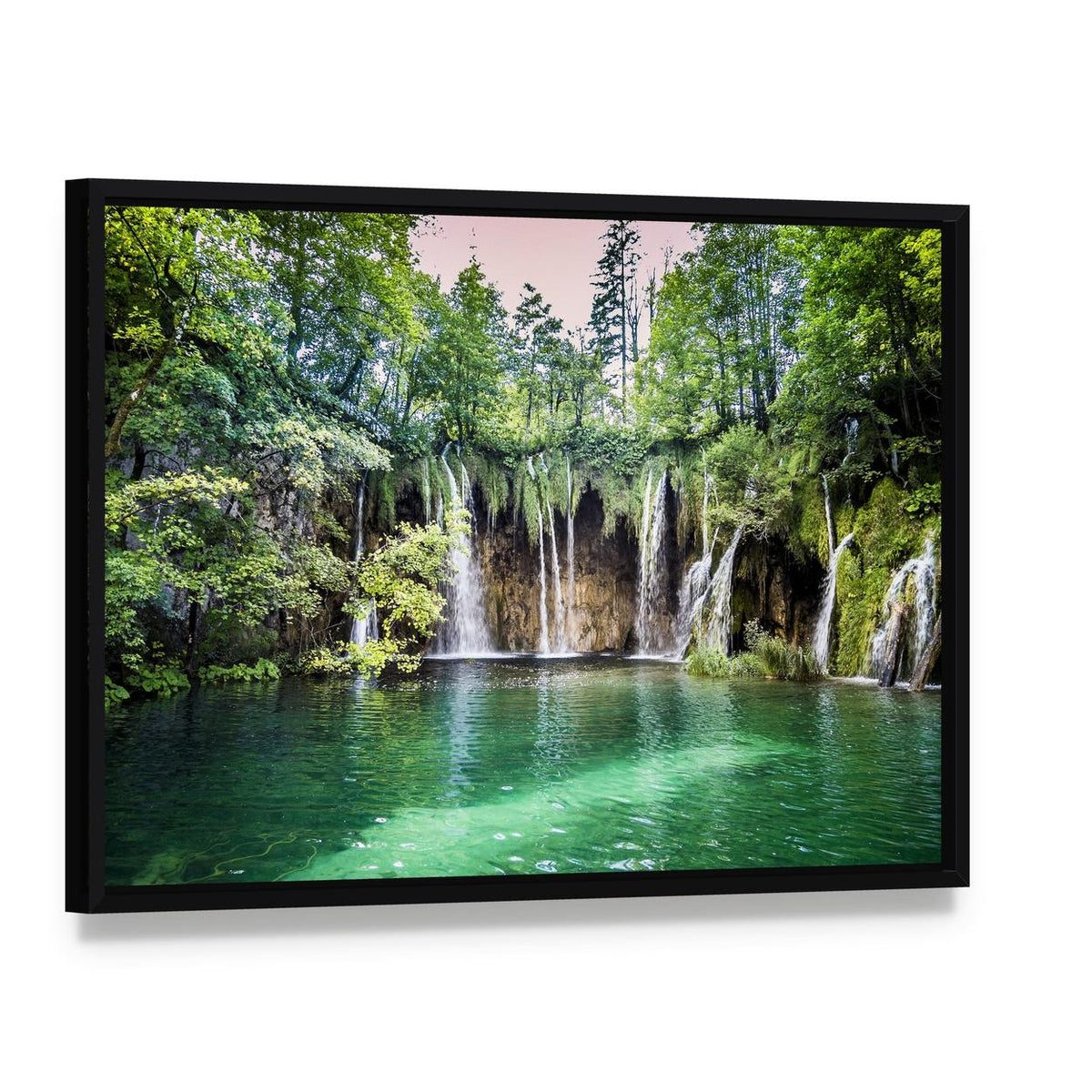 Cascading Waterfalls at Plitvice Lakes Canvas Wall Art, framed canvas in a black floater frame, angled product view