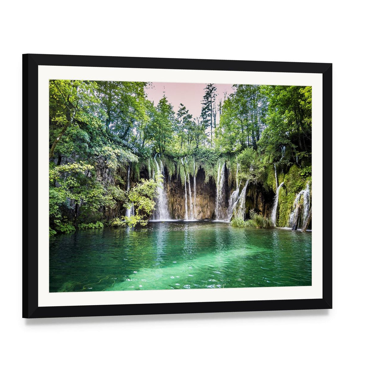 Cascading Waterfalls at Plitvice Lakes Canvas Wall Art, framed print with white mat and black frame, angled product view