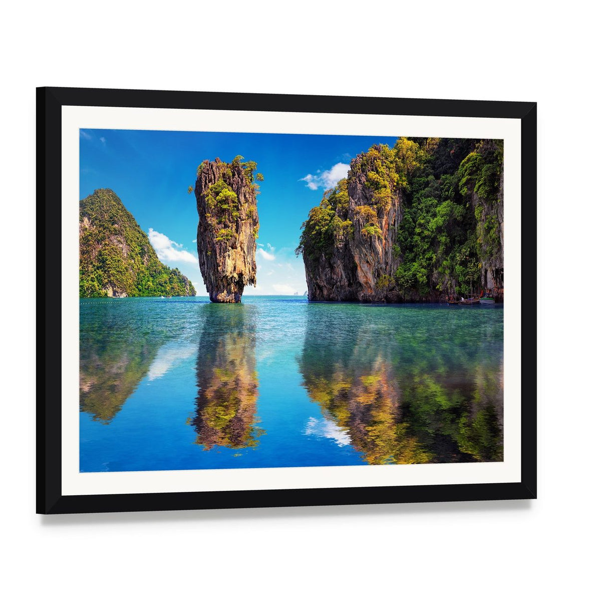 Thailand's James Bond Island Reflection Canvas Wall Art, framed print with white mat and black frame, angled product view