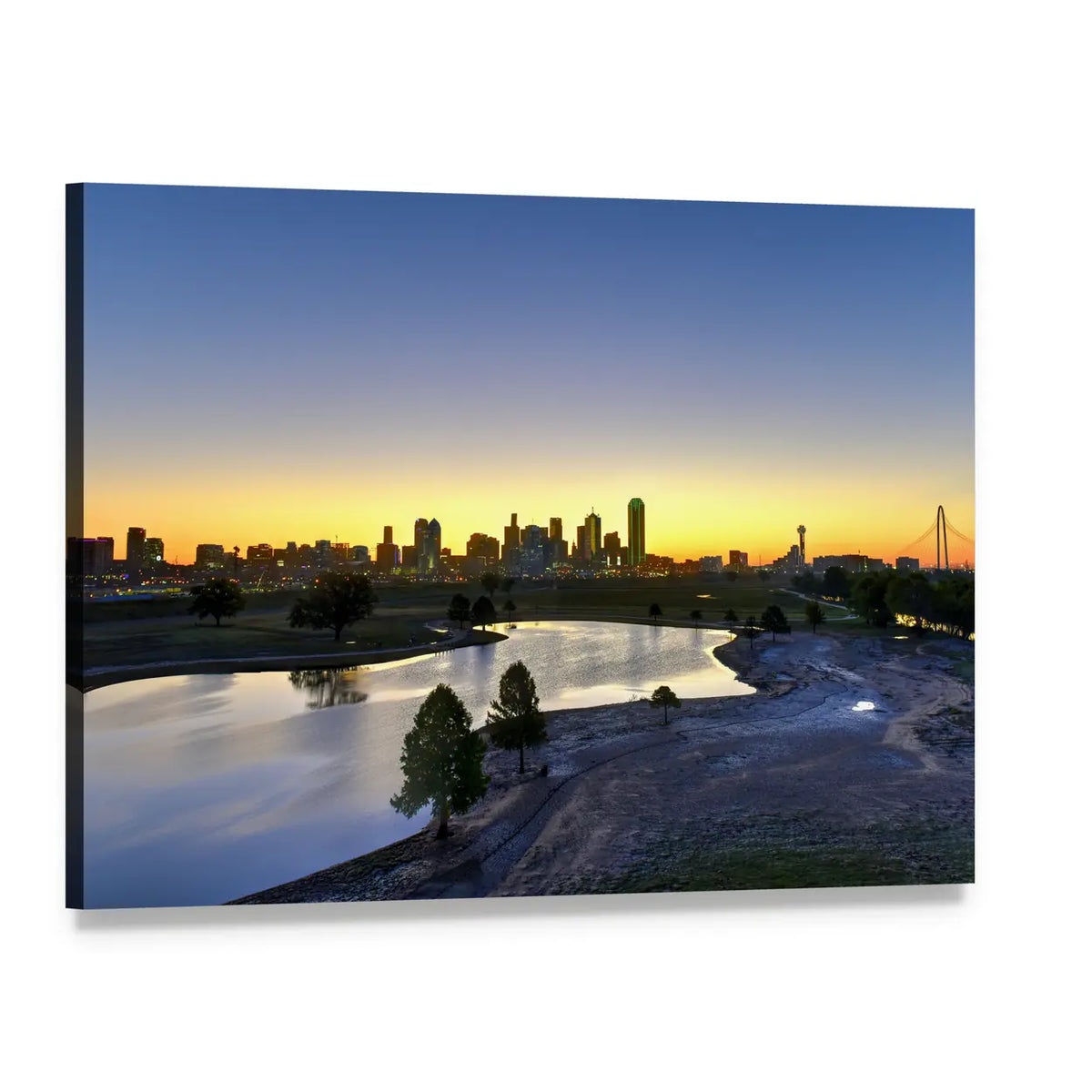 Dallas Skyline at Sunset Canvas Wall Art, single panel gallery wrapped canvas, angled product view