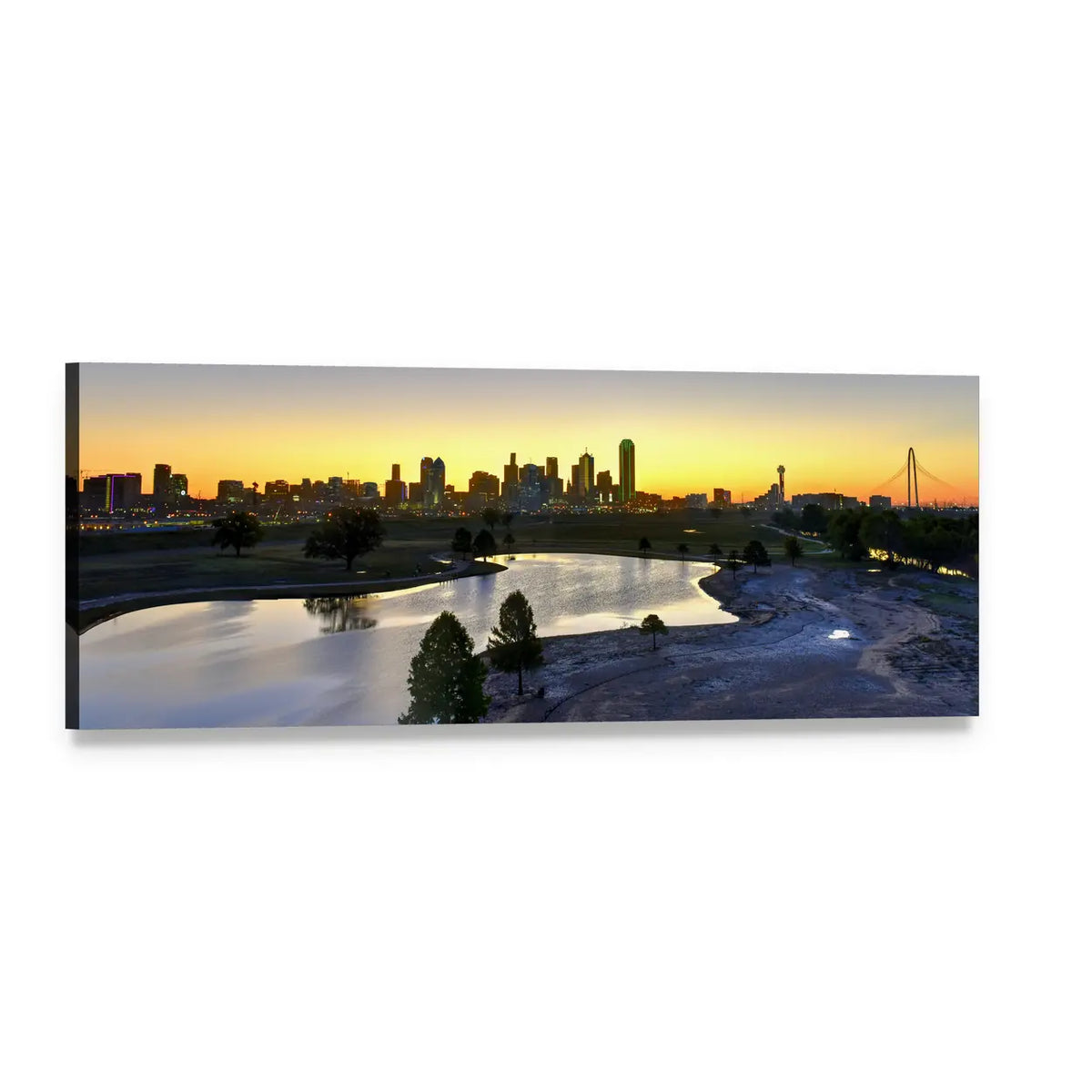 Dallas Skyline at Sunrise Panoramic Canvas Wall Art, single panel gallery wrapped canvas, angled product view