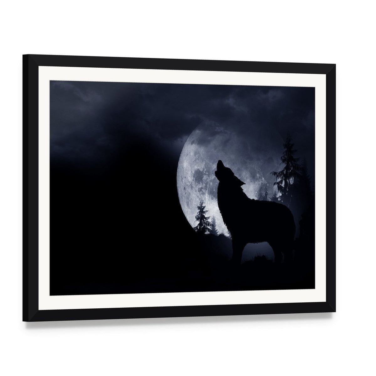 Howling Wolf with Full Moon Canvas Wall Art, framed print with white mat and black frame, angled product view