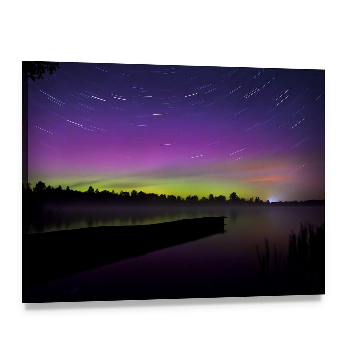 Aurora Borealis Over Lake and Dock Canvas Wall Art, single panel gallery wrapped canvas, angled product view