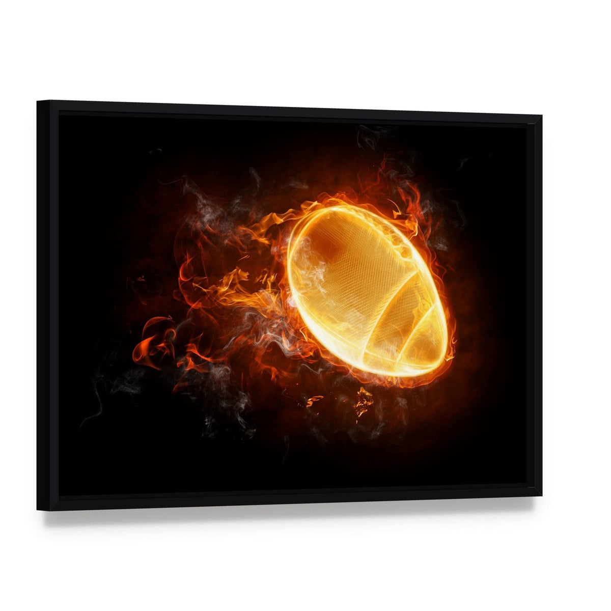 Flamy Football Canvas Wall Art, framed canvas in a black floater frame, angled product view