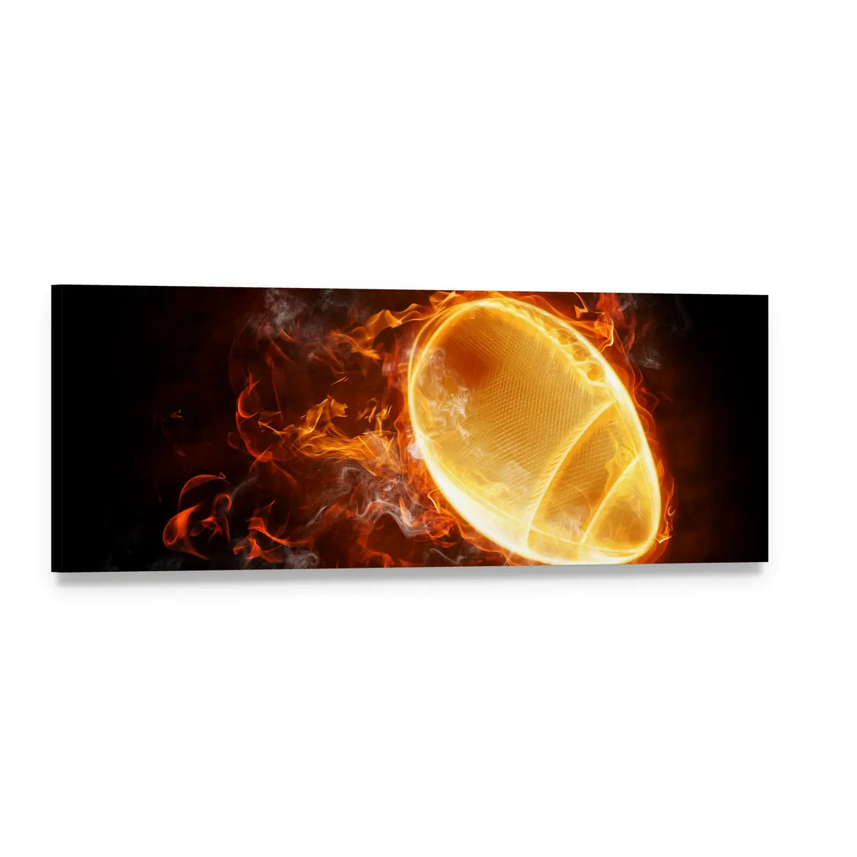 Flaming Football with Swirling Flames Panoramic Canvas Wall Art, single panel gallery wrapped canvas, angled product view