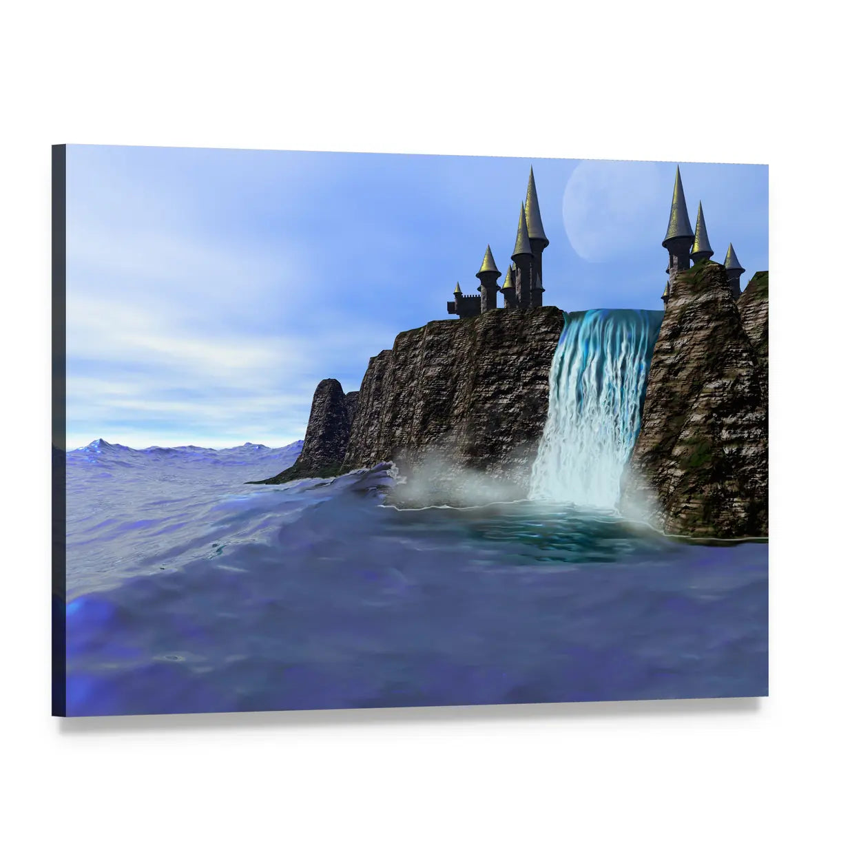 Fantasy Castle Waterfall Canvas Wall Art, single panel gallery wrapped canvas, angled product view