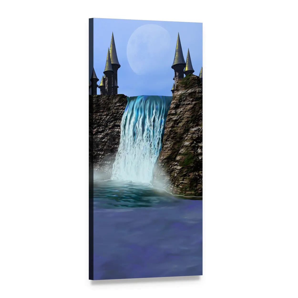 Fantasy Castle with Waterfall Vertical Canvas Wall Art, 1 panel 1 Vertical layout gallery wrapped canvas set, angled product view