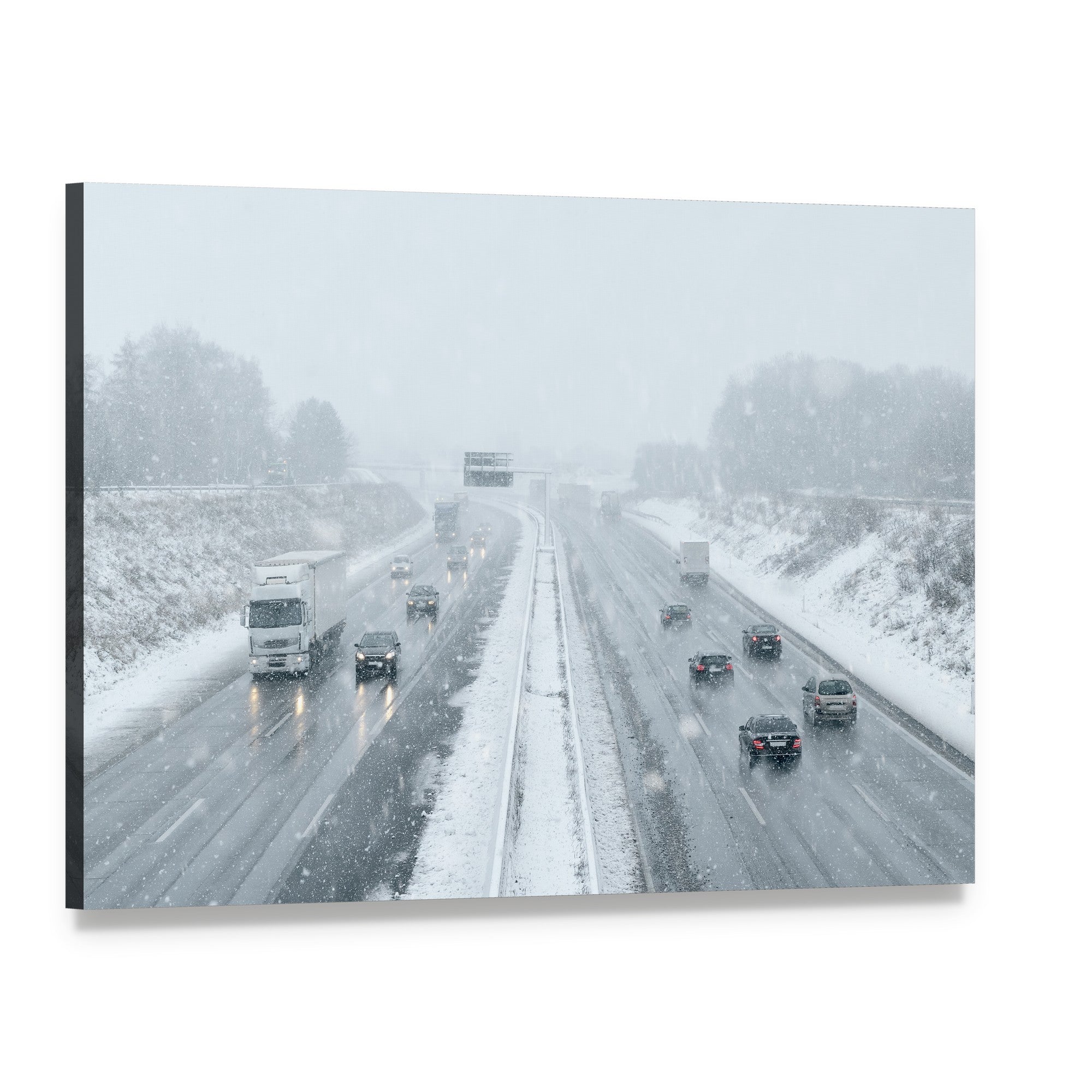 Winter Driving Commuter Traffic Canvas Wall Art, single panel gallery wrapped canvas, angled product view