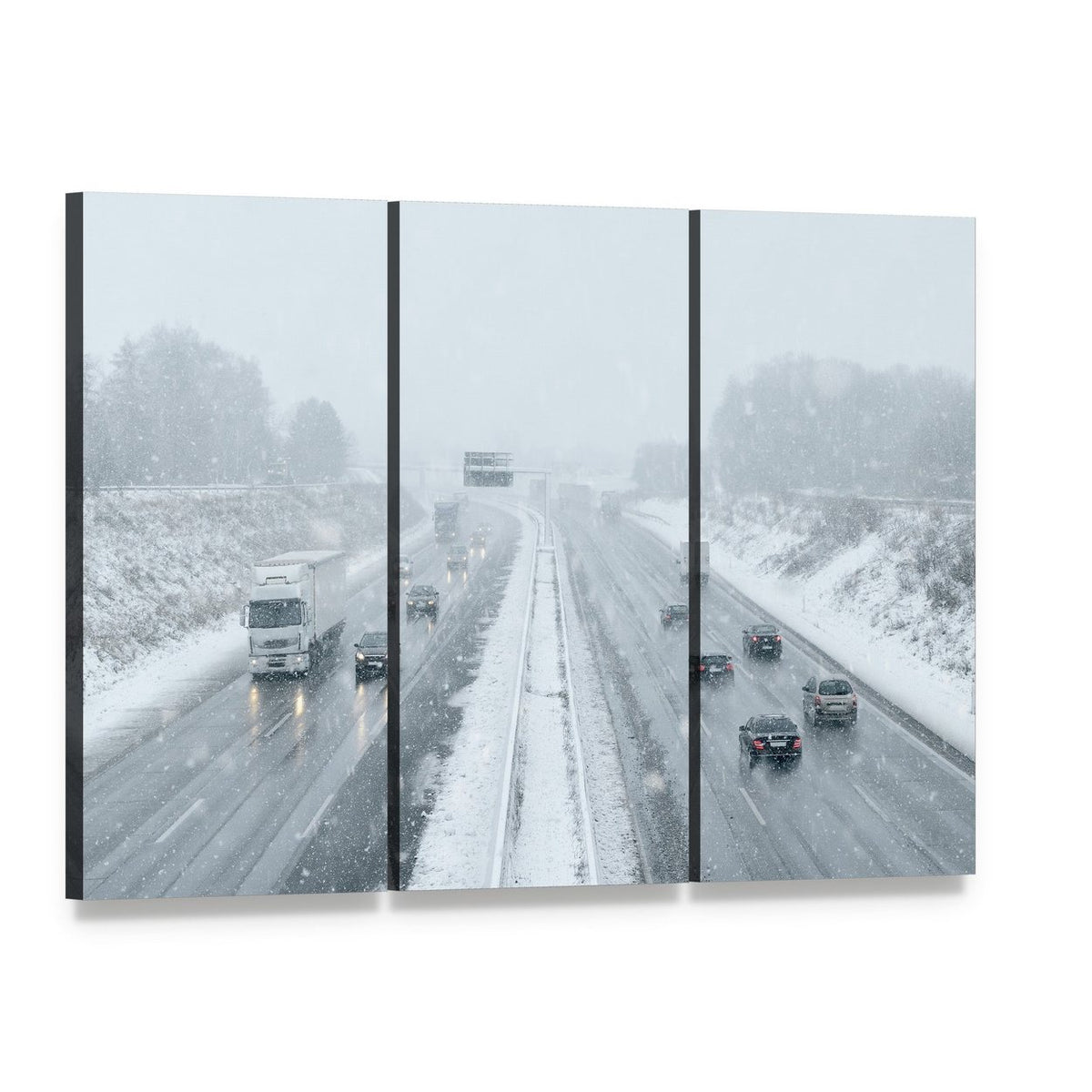 Winter Driving Commuter Traffic Canvas Wall Art, 3 panel 3 Horizontal layout gallery wrapped canvas set, angled product view