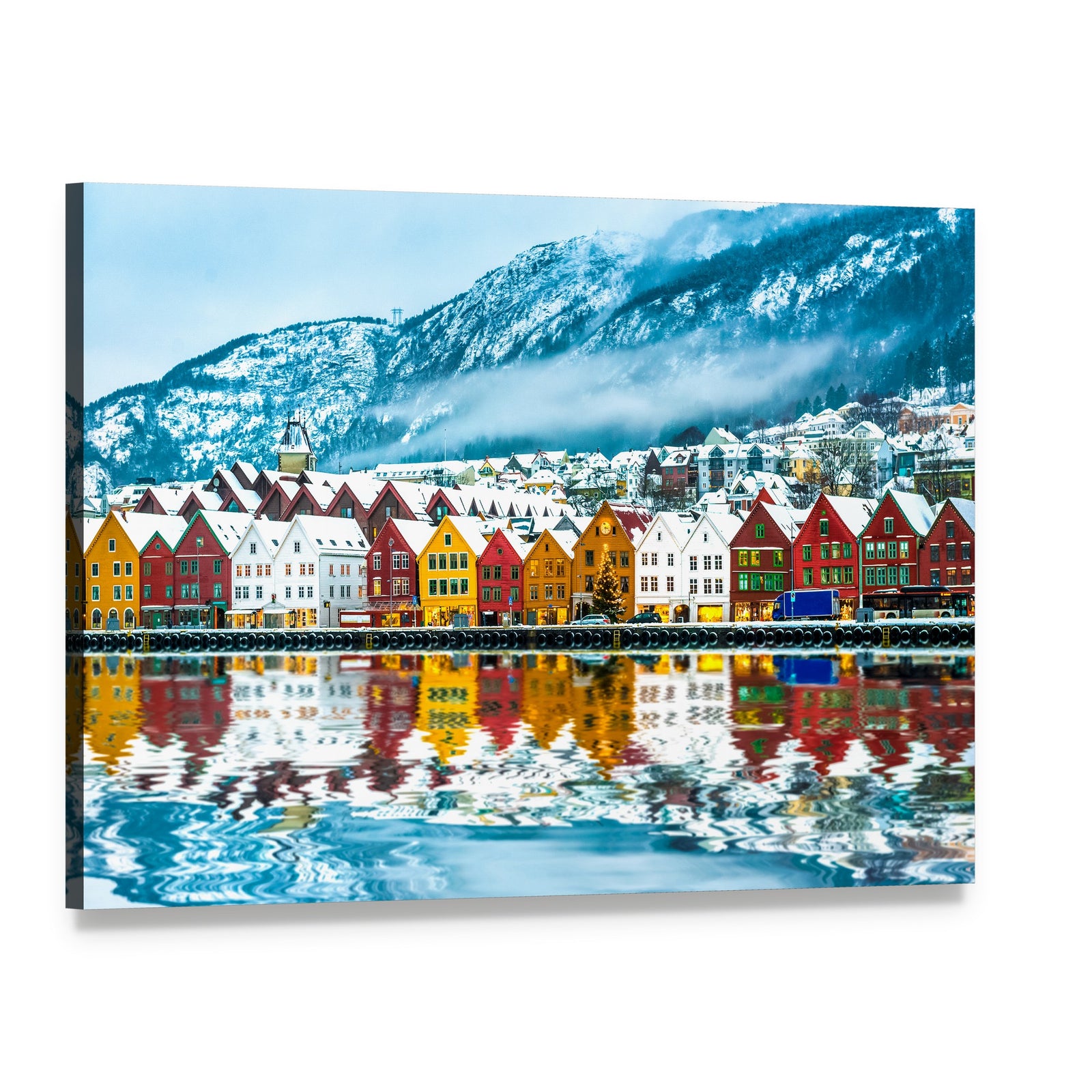 Bergen Colorful Waterfront with Snow-capped Mountains Canvas Wall Art, single panel gallery wrapped canvas, angled product view