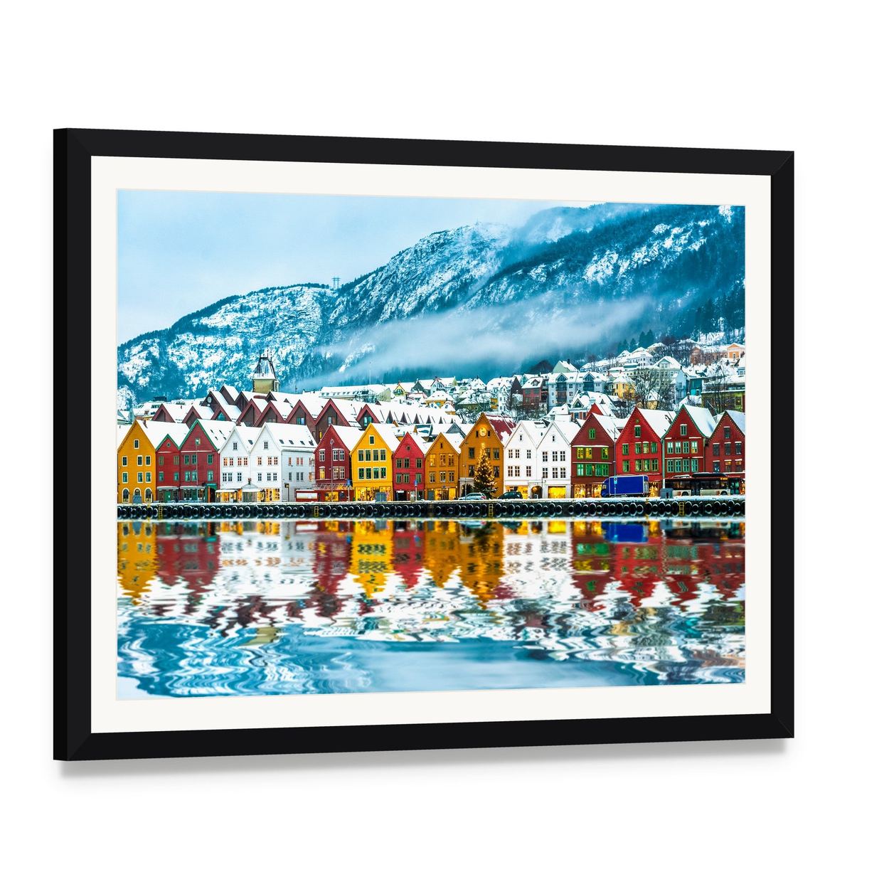 Bergen Colorful Waterfront with Snow-capped Mountains Canvas Wall Art, framed print with white mat and black frame, angled product view