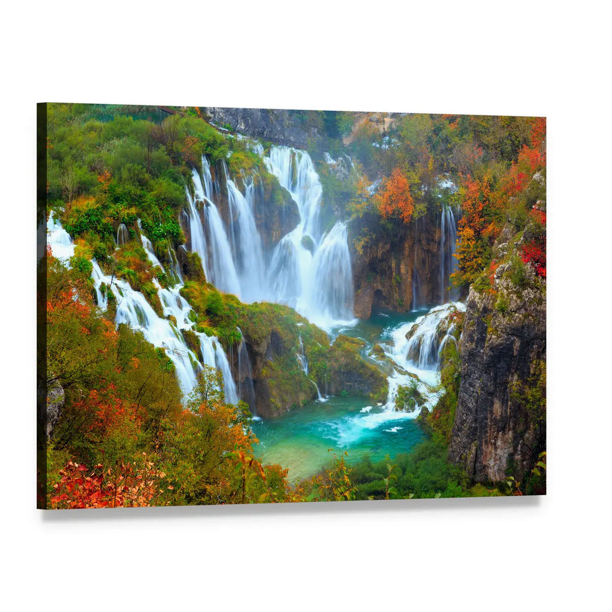 Multi-tier Waterfalls and Turquoise Lake Canvas Wall Art, single panel gallery wrapped canvas, angled product view