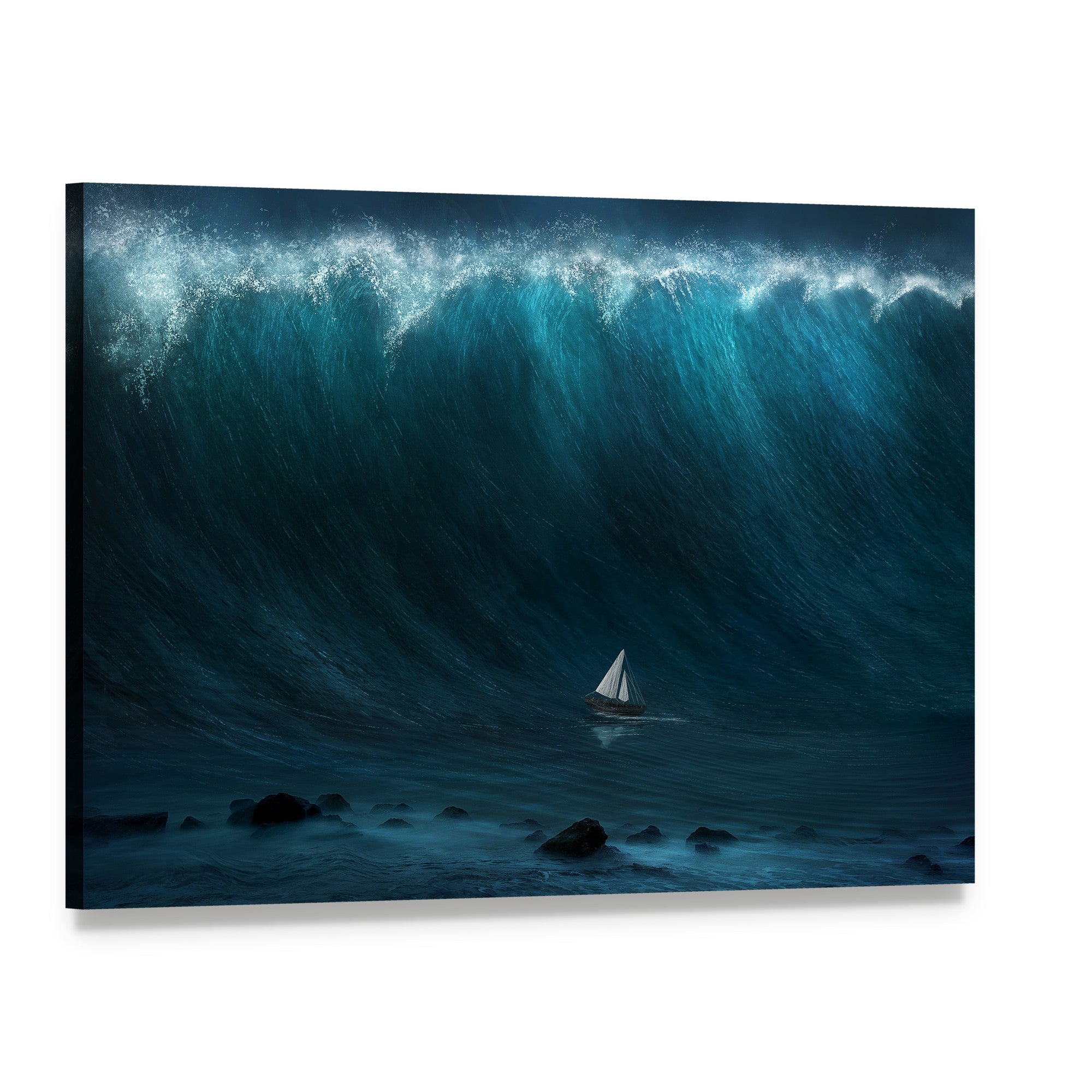 Small Sailboat Caught in Giant Wave Canvas Wall Art, single panel gallery wrapped canvas, angled product view