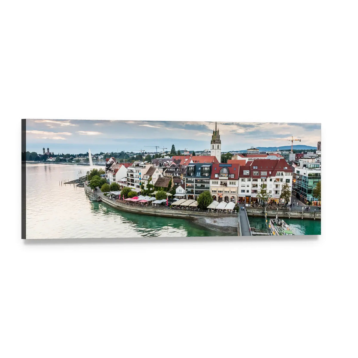 Lakefront European Town with Clock Tower Panoramic Canvas Wall Art, single panel gallery wrapped canvas, angled product view