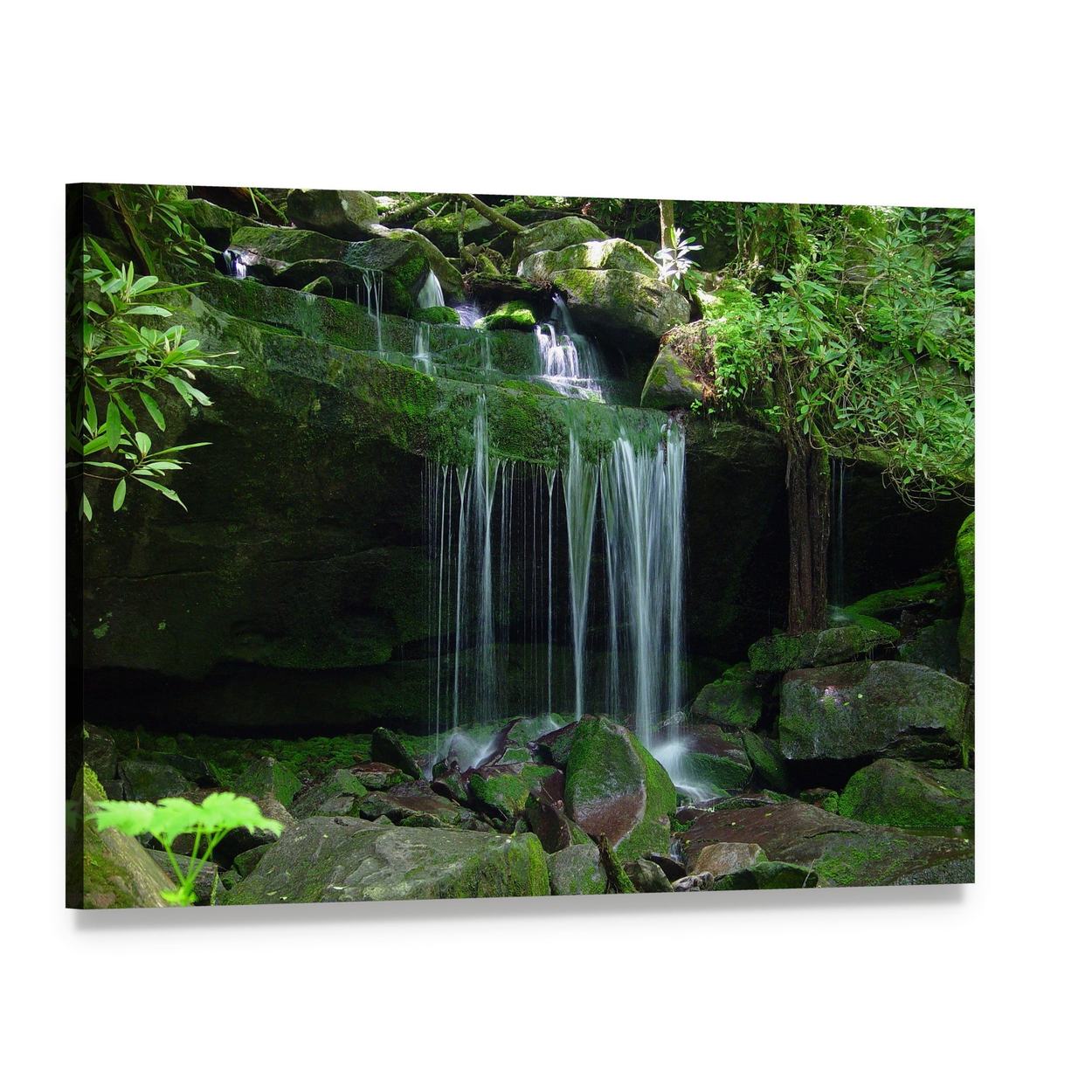 Waterfall Flows Over Moss-covered Rocks Canvas Wall Art, single panel gallery wrapped canvas, angled product view