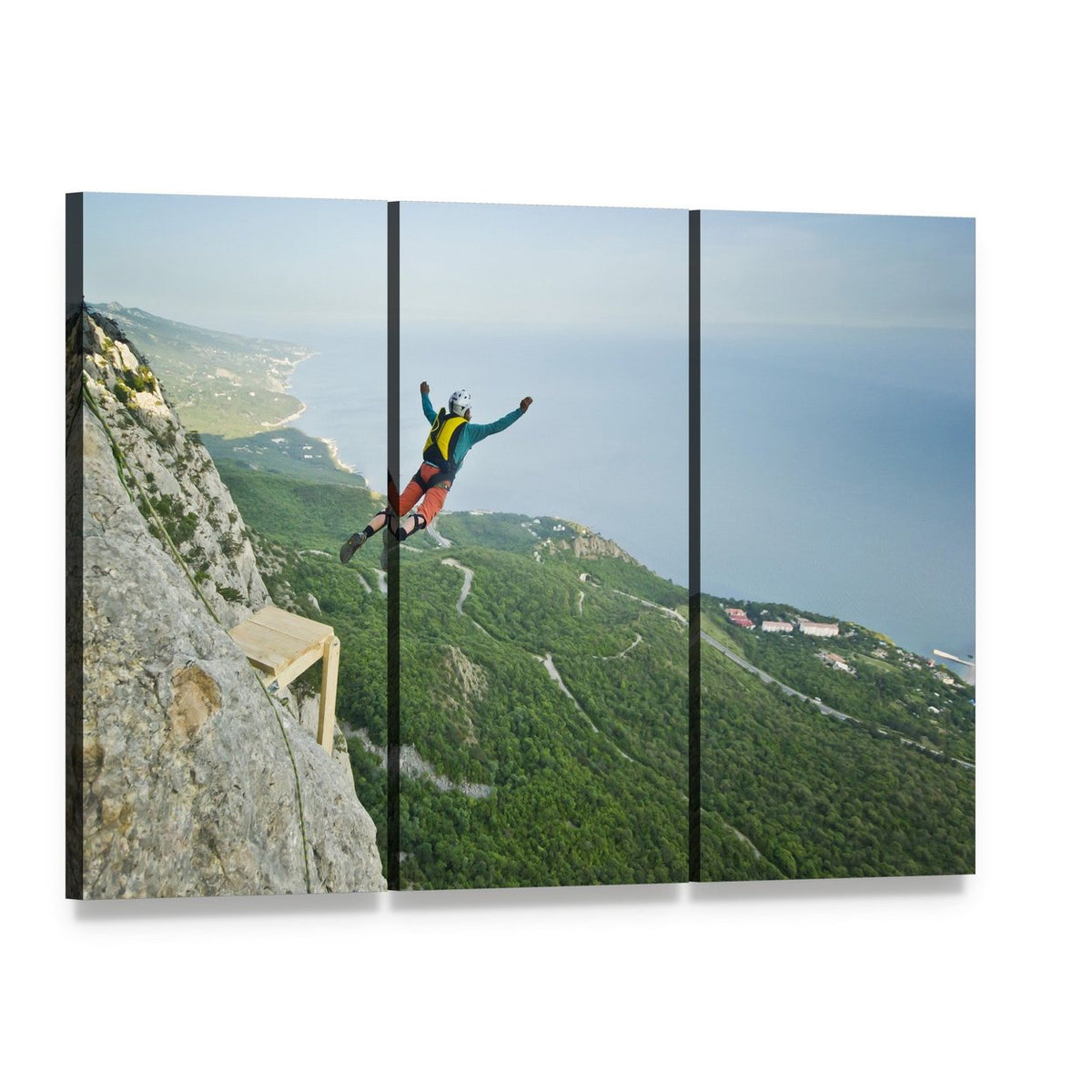 Base Jumper Over Ocean and Mountains Canvas Wall Art, 3 panel 3 Horizontal layout gallery wrapped canvas set, angled product view