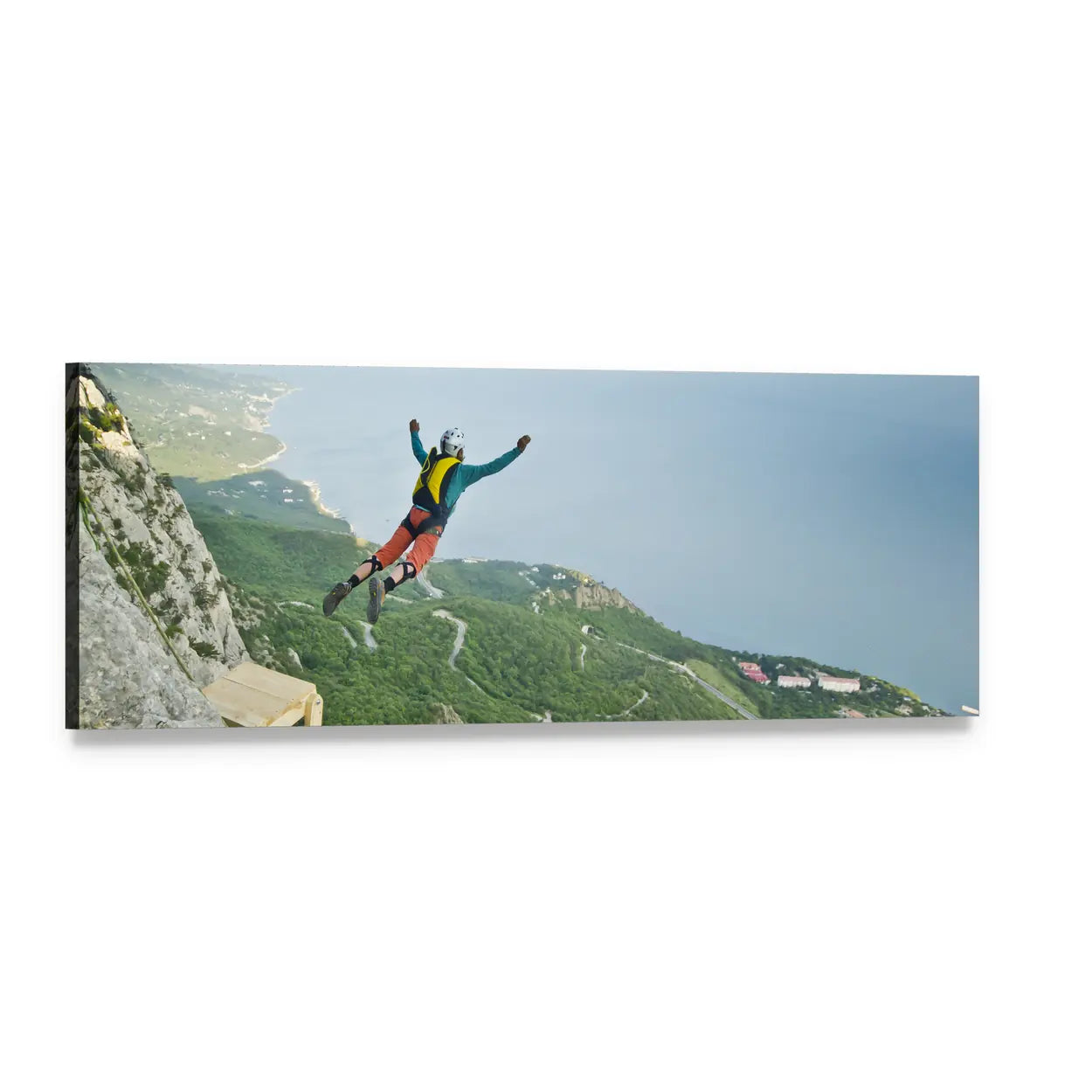 Base Jumper Over Coastal Cliffs Panoramic Canvas Wall Art, single panel gallery wrapped canvas, angled product view