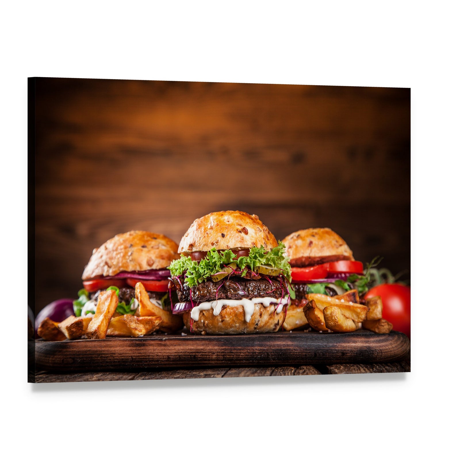 Homemade Burgers with French Fries Canvas Wall Art, single panel gallery wrapped canvas, angled product view