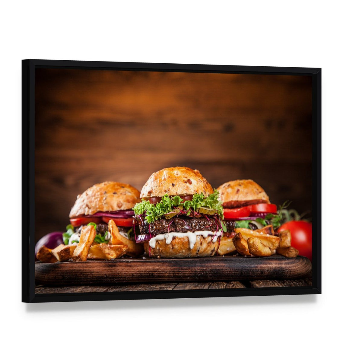 Homemade Burgers with French Fries Canvas Wall Art, framed canvas in a black floater frame, angled product view
