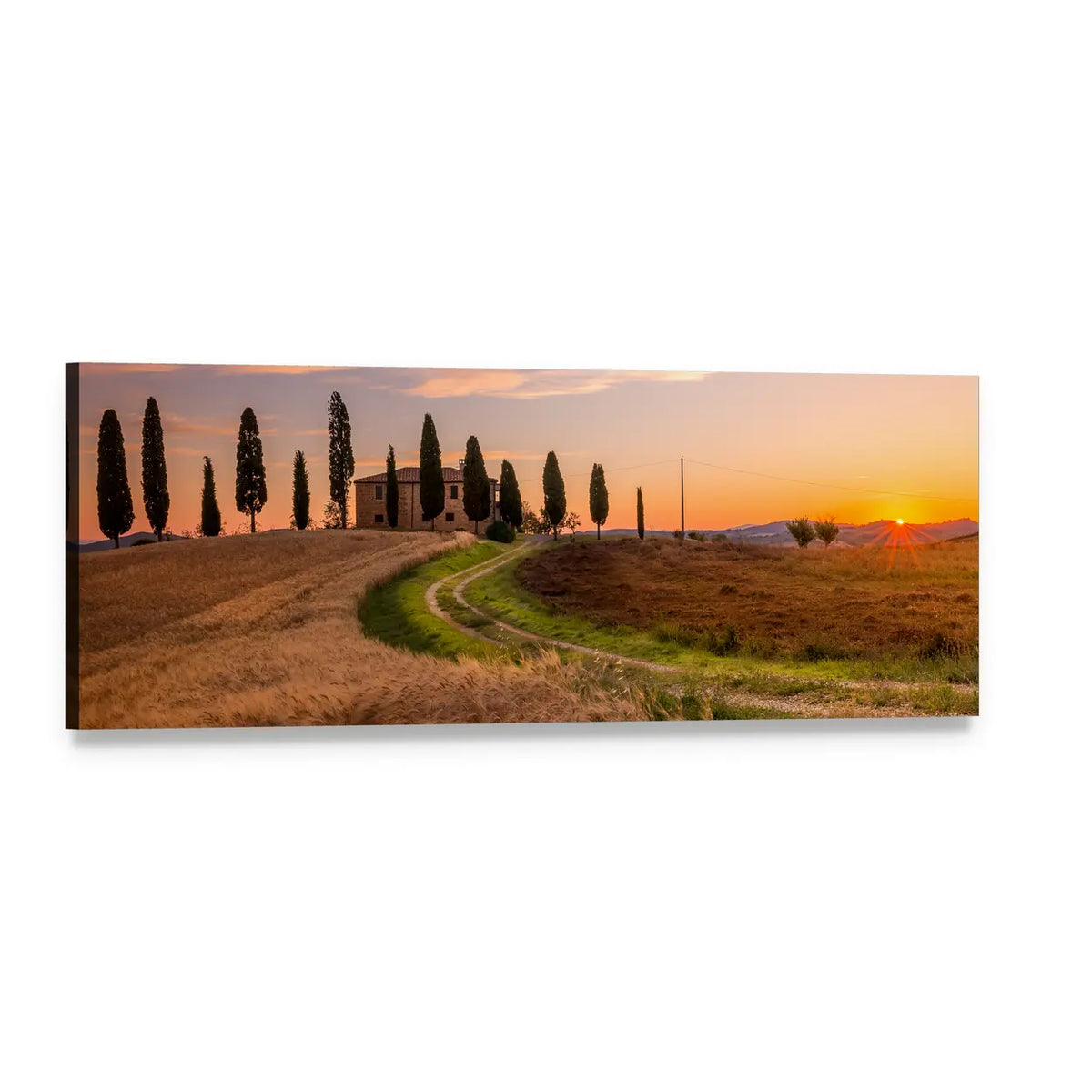 Tuscany Sunrise Landscape Panoramic Canvas Wall Art, single panel gallery wrapped canvas, angled product view