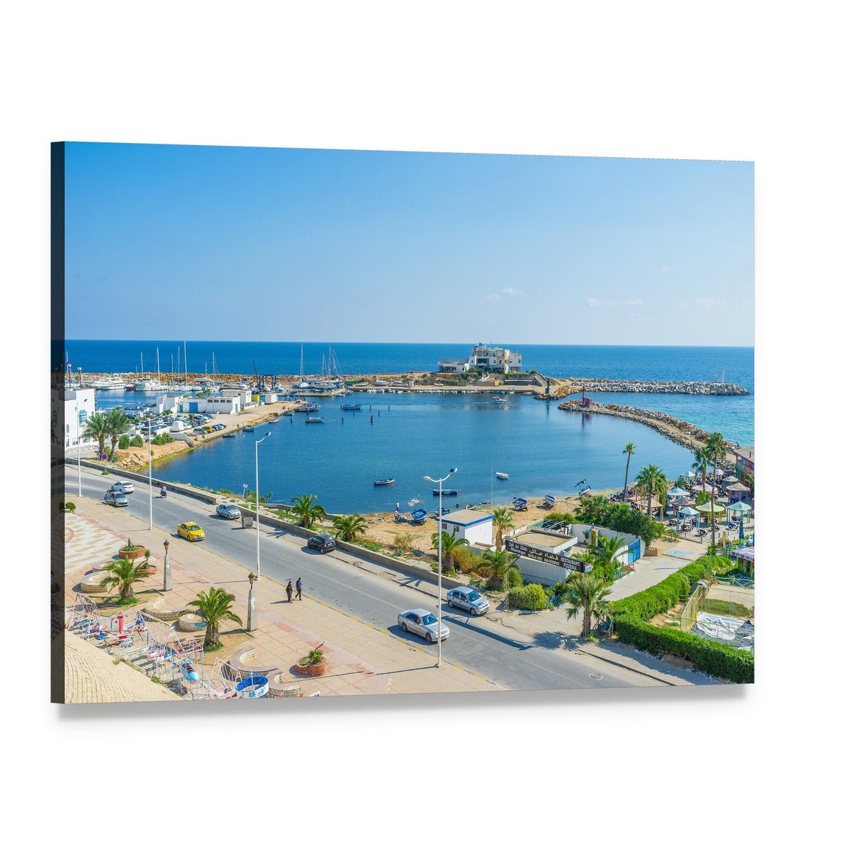 Small Fishing Port View Canvas Wall Art, single panel gallery wrapped canvas, angled product view
