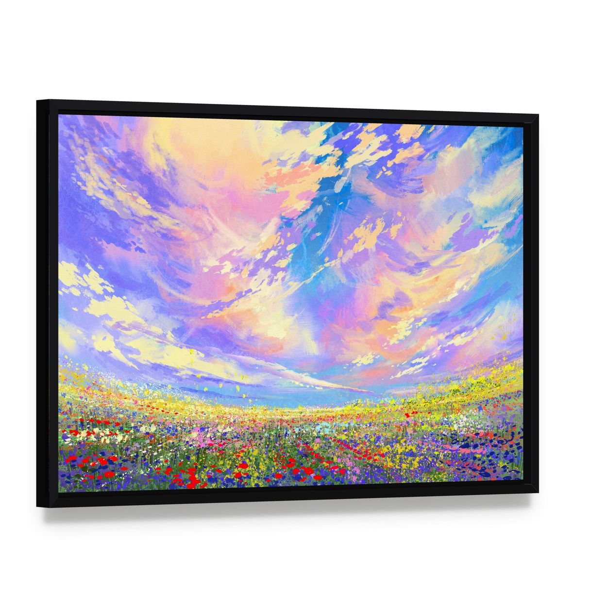 Colorful Flowers in Field Canvas Wall Art, framed canvas in a black floater frame, angled product view