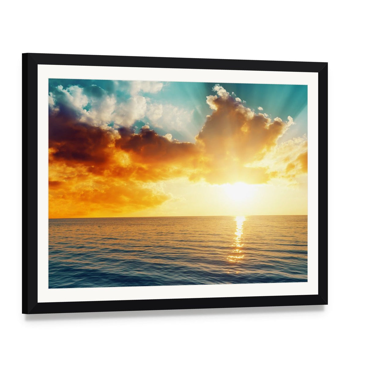 Sunset Over the Sea Canvas Wall Art, framed print with white mat and black frame, angled product view