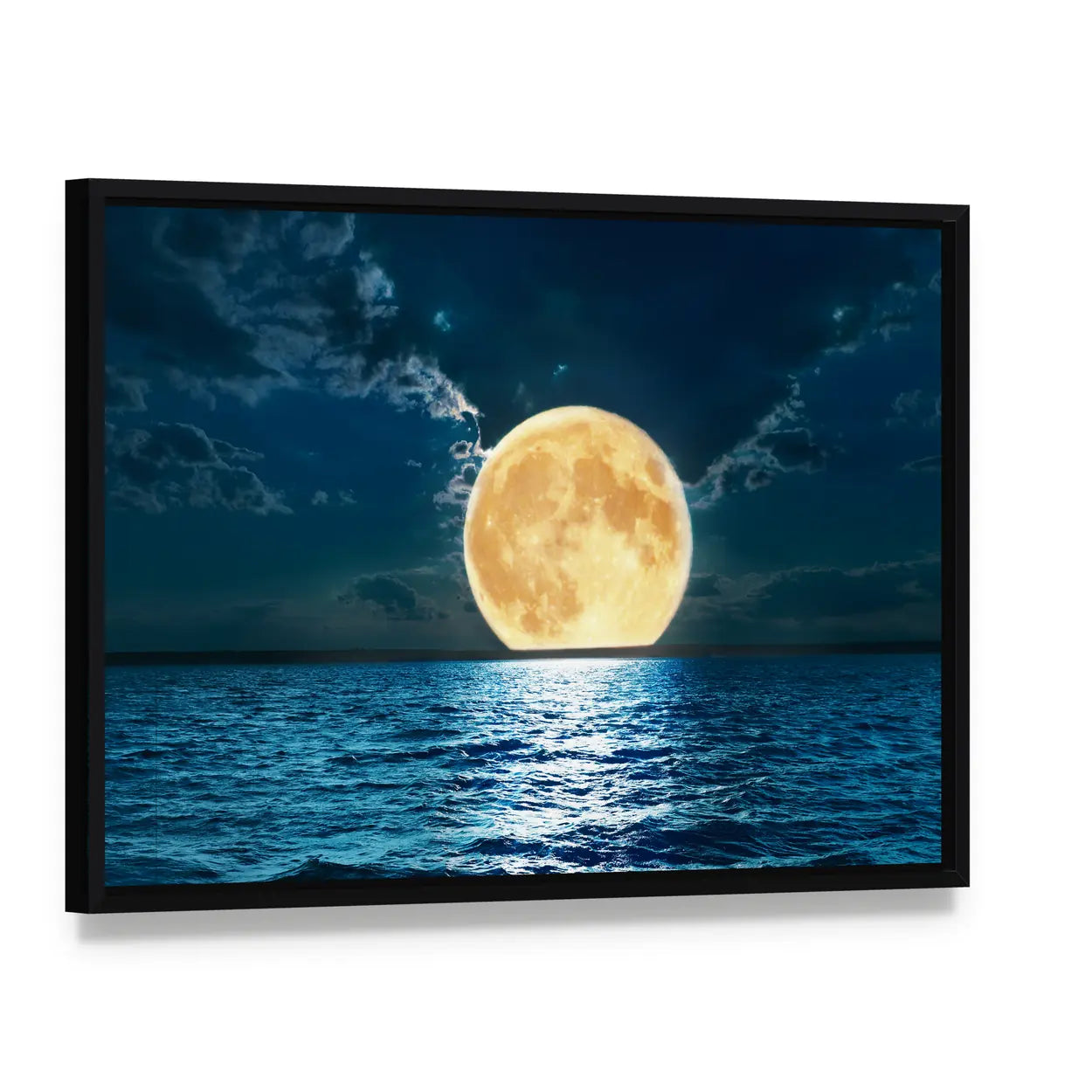 Supermoon Over Moonlit Sea Canvas Wall Art, framed canvas in a black floater frame, angled product view