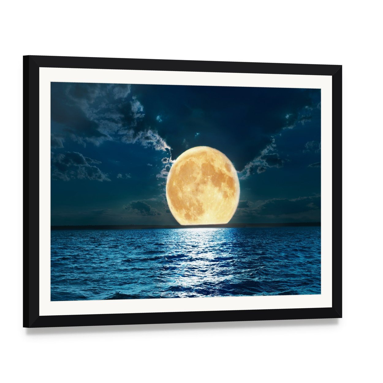 Super Moon Over Water Canvas Wall Art, framed print with white mat and black frame, angled product view