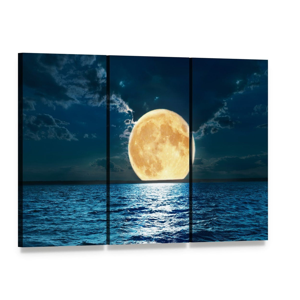 Super Moon Over Water Canvas Wall Art, 3 panel 3 Horizontal layout gallery wrapped canvas set, angled product view